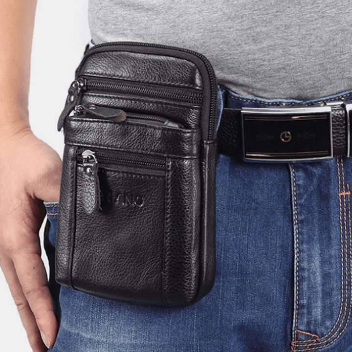 Men Genuine Leather Retro Multi-Function Belt Bag Cross Body Bag Casual Large Capacity Easy Carry Waist Bag - MRSLM