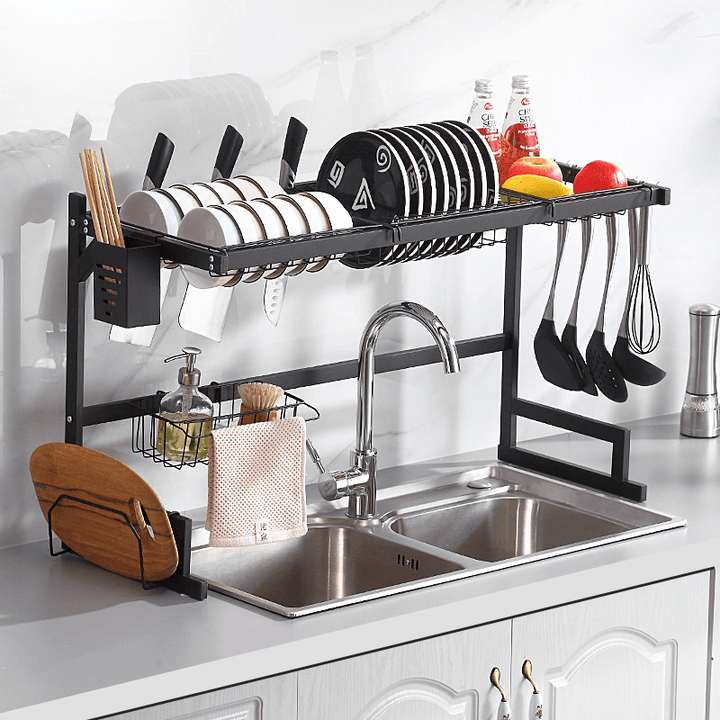 Stainless Kitchen Dish Rack 65/85CM Drainer Cutlery Cup Plates Holder Sink Drip Tray-Single/Double Slot - MRSLM