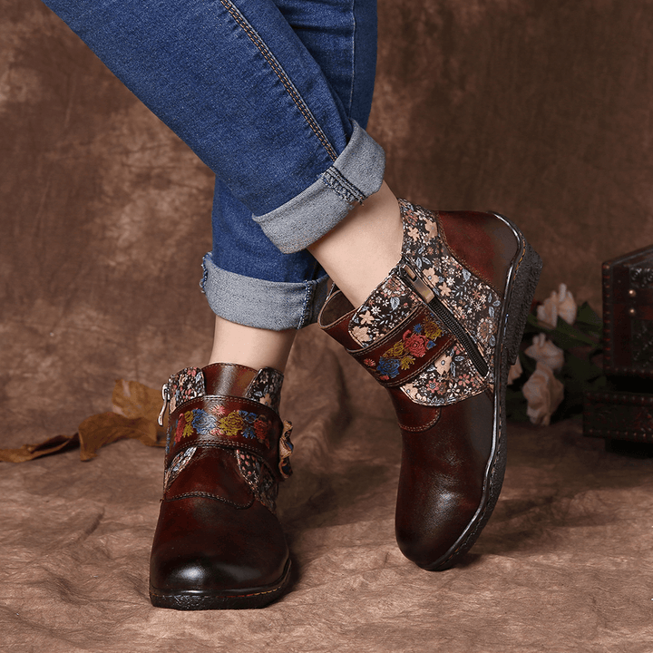 Retro Small Flowers Colorful Stitching Soft Leather Boots - MRSLM