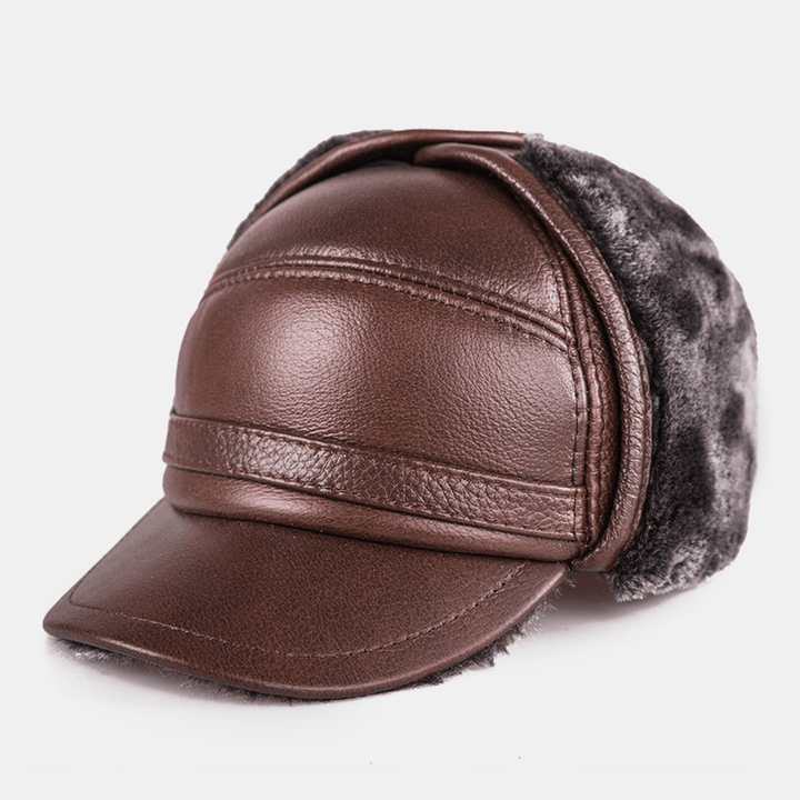 Men Genuine Leather Winter Thicken Warmth Baseball Cap Built-In Ear Protection Earmuffs Design Middle-Aged Elderly Leather Hat Trapper Hat - MRSLM