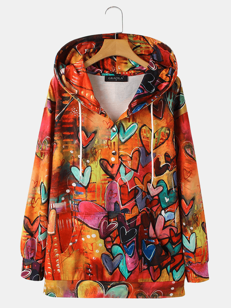 Women Colorful Graffiti Heart Print Long Sleeve Drawstring Hoodie with Kangaroo Pocket - MRSLM