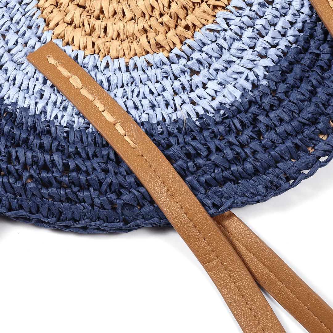 Women Beach round Straw Bag Bucket Rattan Woven Handbag Shoulder Bag Outdoor Travel - MRSLM