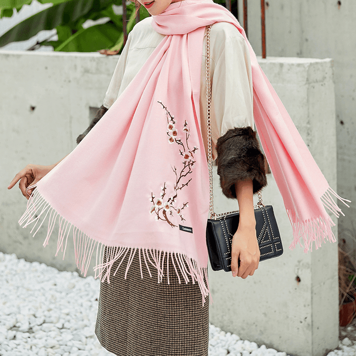 Women Winter Cashmere-Like Plum Embroidery Tassel Scarf - MRSLM