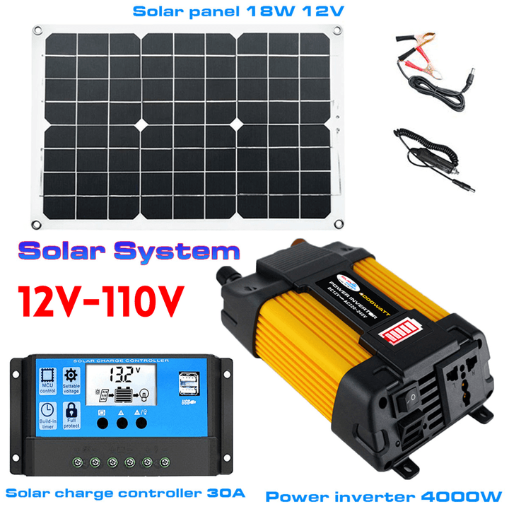 Solar Power System 18W Solar Panel 4000W Inverter 30A Controller Kit Solar Panel Battery Charger - MRSLM