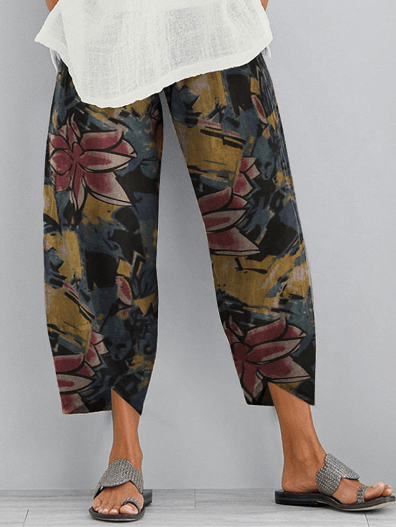 Floral Print Elastic Wasit Loose Irregular Hem Pocket Pants for Women - MRSLM