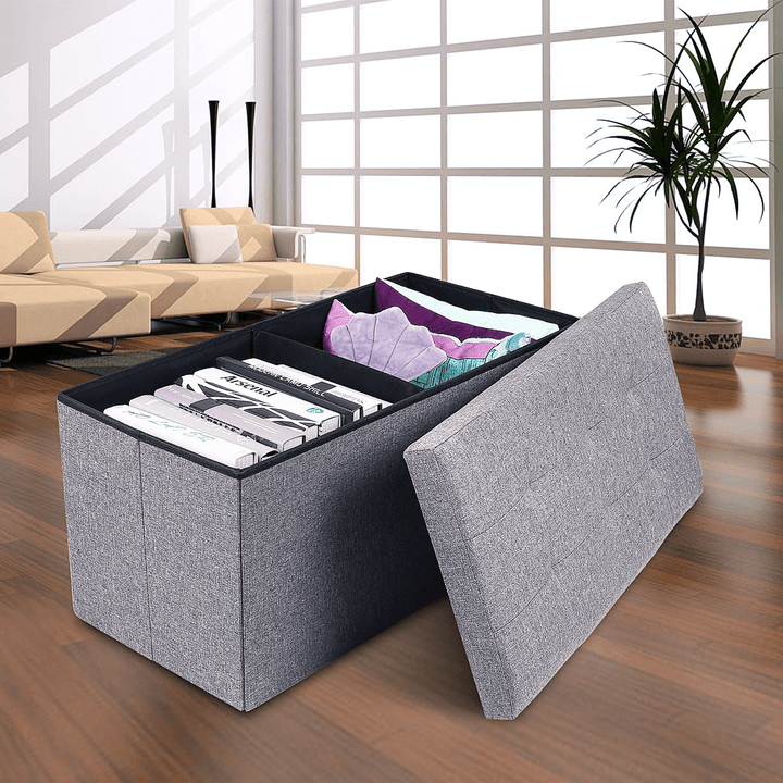 Folding Storage Ottoman Chair Seat Stool Chest Toy Storage Box Linen Look - MRSLM