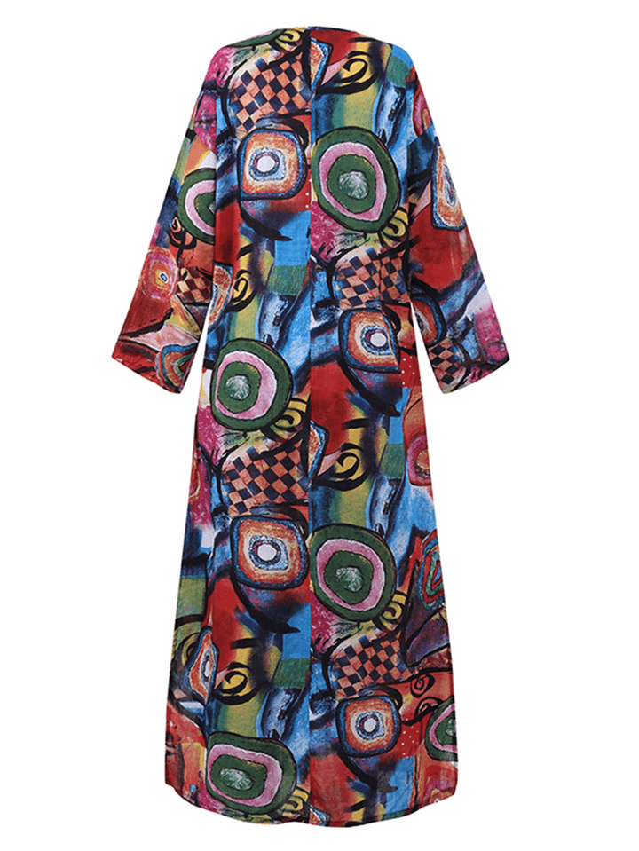 Women Ethnic Abstract Print Long Sleeve Bohemian Maxi Dress - MRSLM