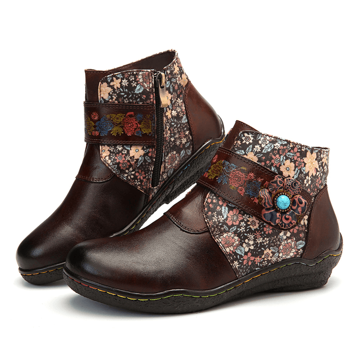 Retro Small Flowers Colorful Stitching Soft Leather Boots - MRSLM