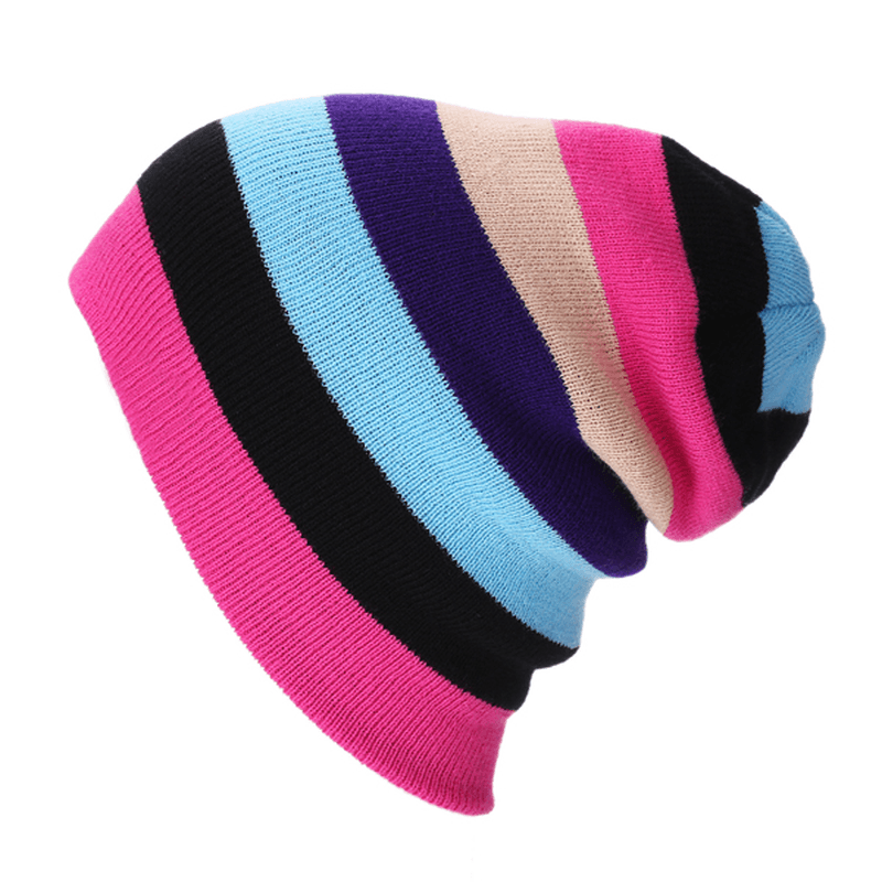 Women Beanies Striped Rainbow Colors Hat Cotton Knitted Hats Soft Beanie Gorro Cap - MRSLM