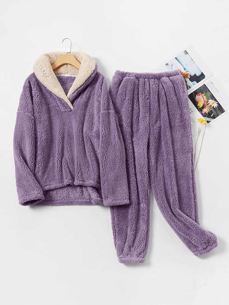 Women Fluffy Plush Thicken Lapel High Low Hem Loungewear Warm Pajamas Set - MRSLM