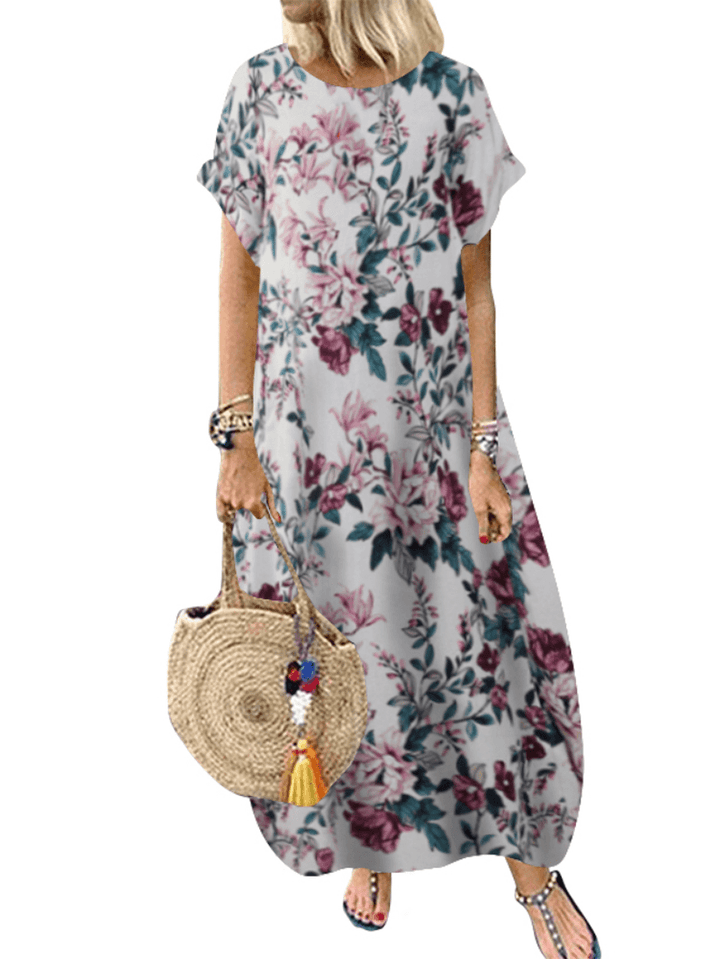 Women 100% Cotton O-Neck Floral Print Leisure Dress with Side Pockets - MRSLM