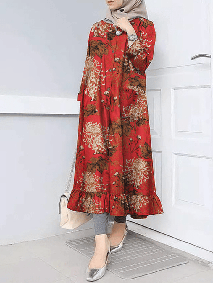 Women Flora Print Ruff Hem O-Neck Casual Bohemian Abaya Kaftan Shirt Dress with Pocket - MRSLM