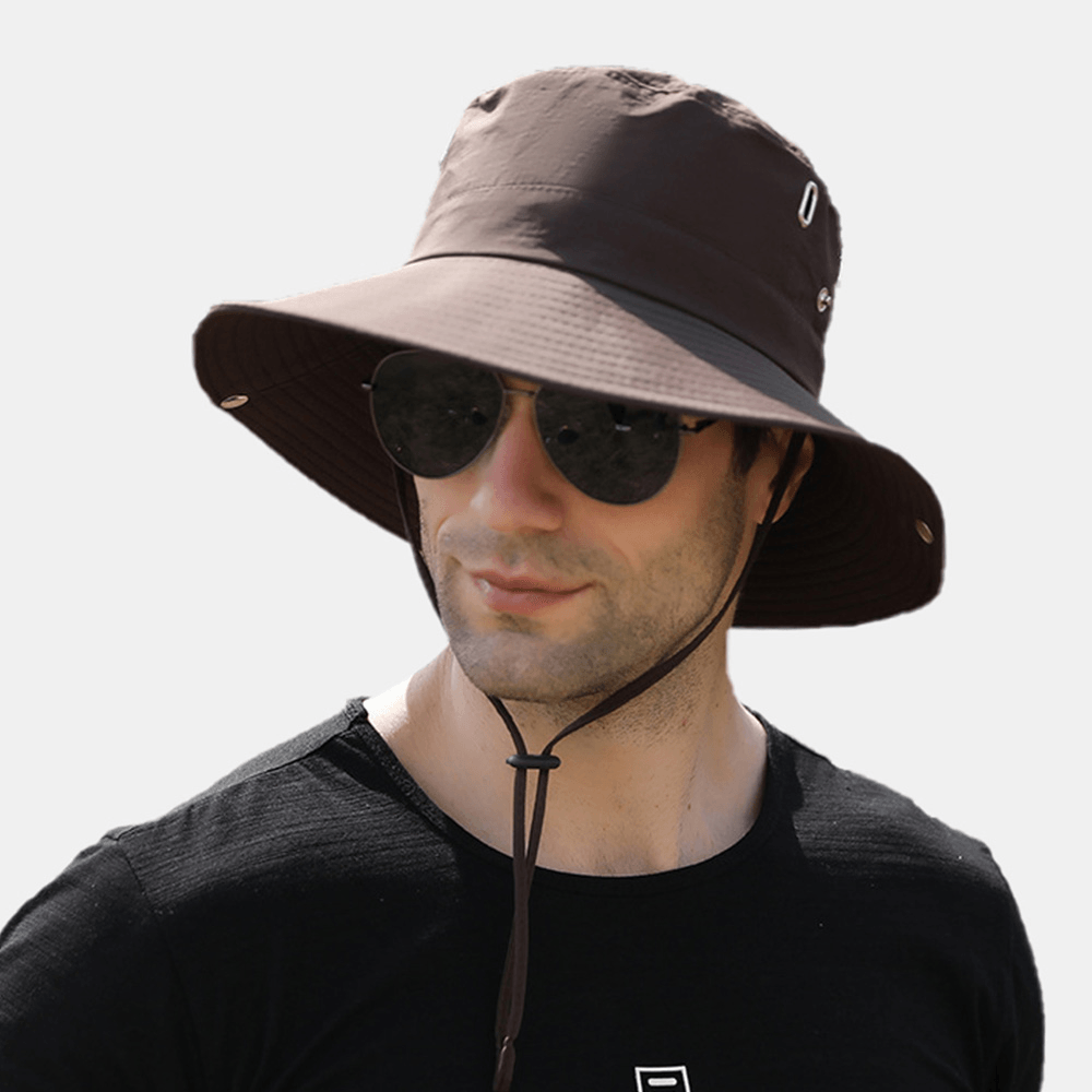 Men Big Brim Windproof Rope Adjustable Sunshade Hat Dual-Use Outdoor Fishing Mountaineering Anti-Uv Bucket Hat - MRSLM