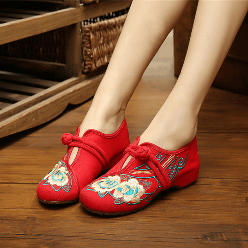 Women Lace up Cloth Chinese Embroidered Flower Flat Loafers - MRSLM