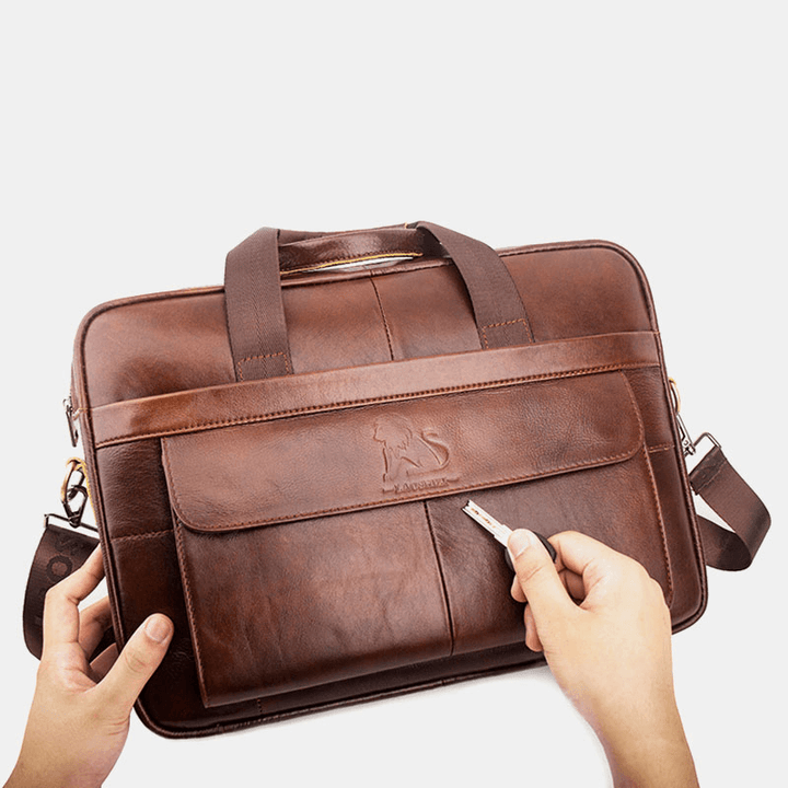 Men Genuine Leather Retro Business Multi-Function 13 Inch Laptop Bag Handbag Briefcase Crossbody Bag - MRSLM