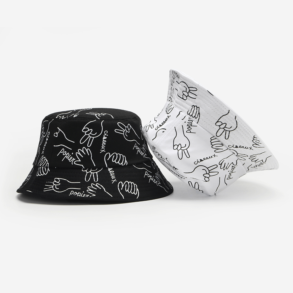 Unisex Cotton Letters Line Drawing Gestures Graffiti Fashion Sunshade Bucket Hat - MRSLM