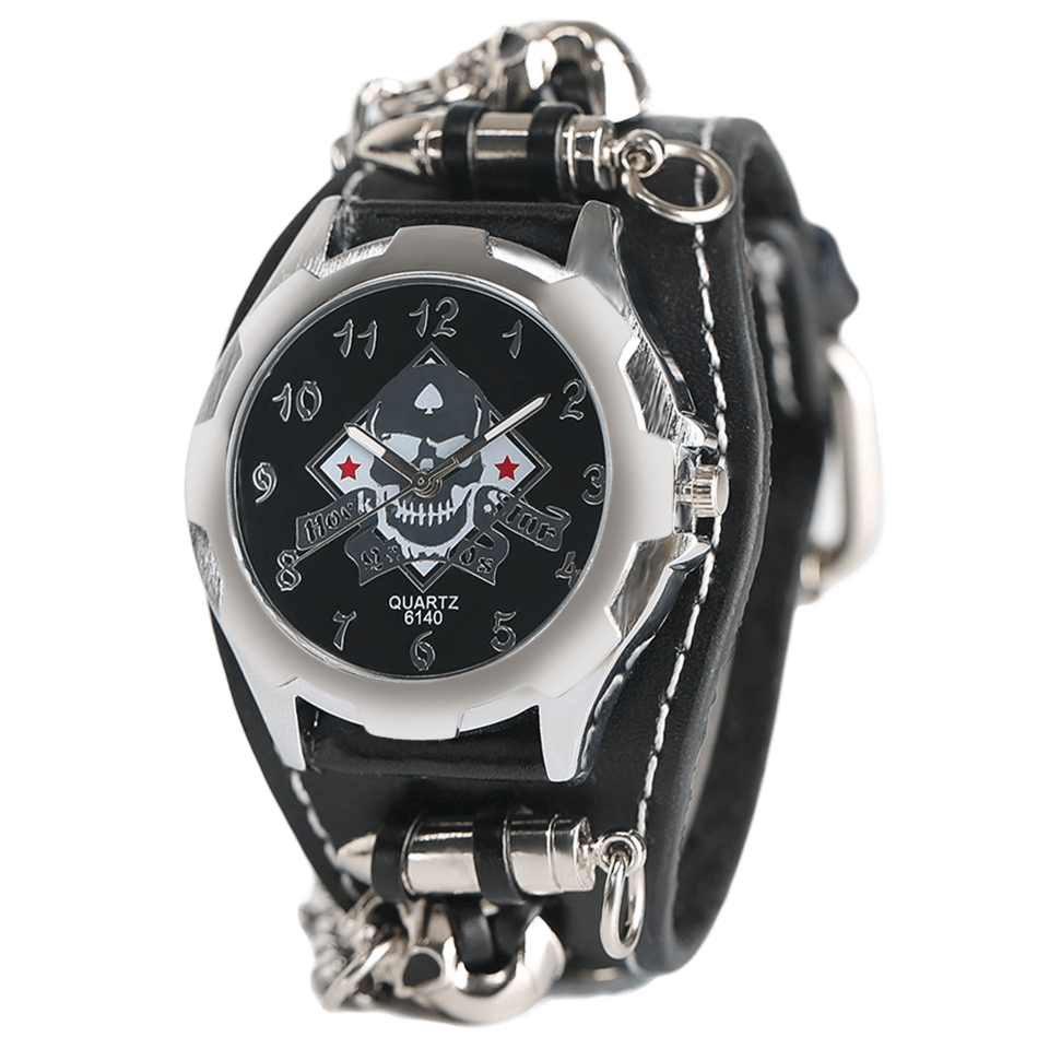 Vintage Square Dial Men Watch Hollow Skull Leather Quartz Watch - MRSLM