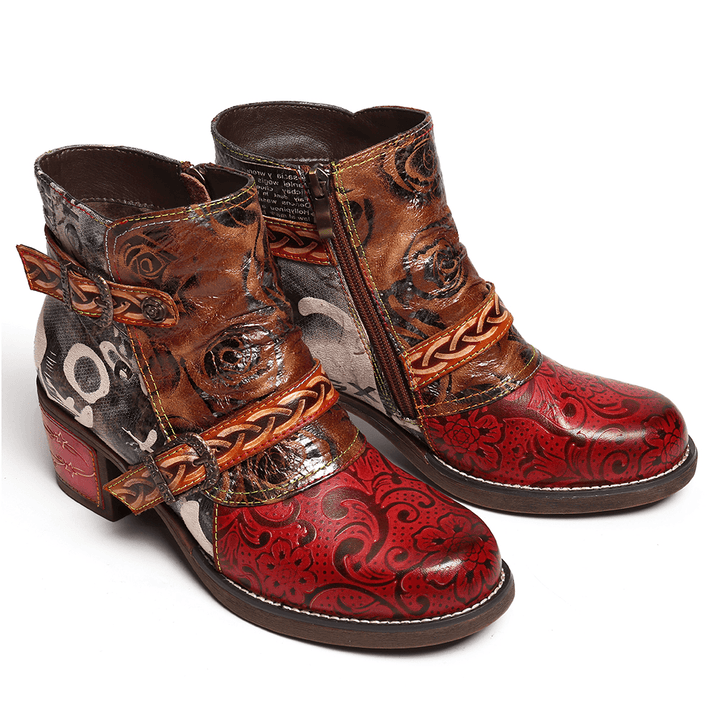 Women Embossed Rose Genuine Leather Splicing Boots - MRSLM