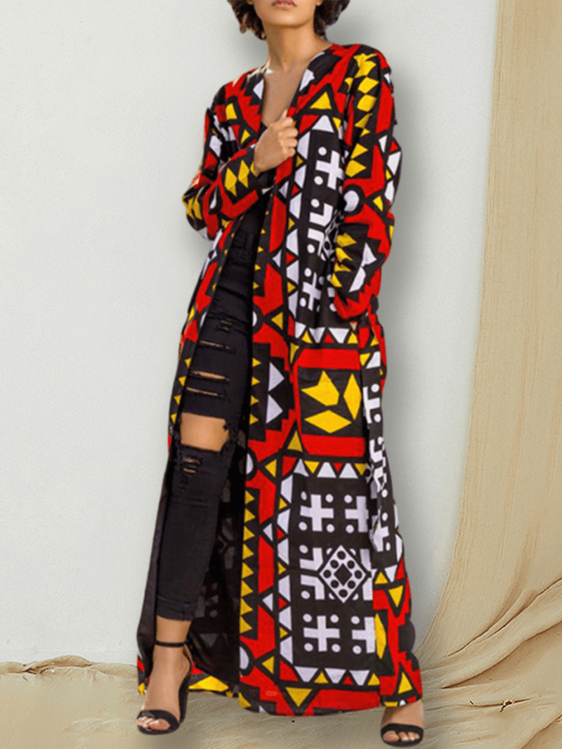 Women Vintage Geometric Printed Casual Long Ethnic Coat with Belt - MRSLM