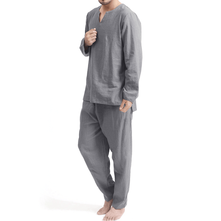 TWO-SIDED Mens Cotton Comfy Soft Solid Color Long Sleeve Sleepwear Set Yoga Pajamas Set - MRSLM