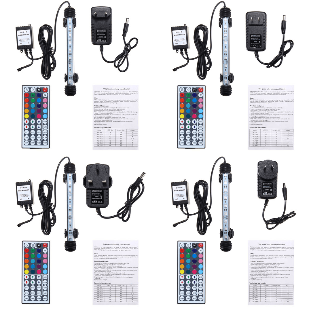 AC110-240V 18CM 5050 2.9W RGB LED Aquarium Fish Tank Light Color Changing Bar Submersible Lamp + 44Keys Remote Control - MRSLM