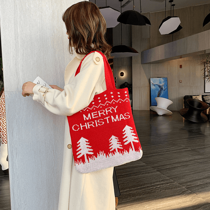 Women Wool Christmas Tree Snowflake Letter Pattern Casual Festive Handbag Tote Shoulder Bag - MRSLM