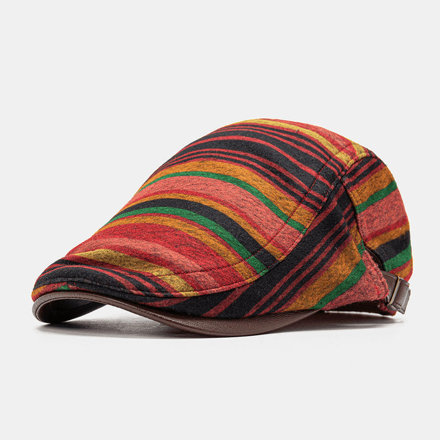 Collrown Unisex PU Leather Stitching Colored Stripe Berets Outdoor Casual Visor Anti-Uv Flat Hat - MRSLM