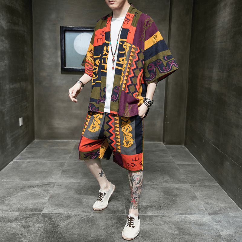 INCERUN 2021 Men Sets Ethnic Style Printed Half Sleeve Open Stitch Cardigan Shirt Shorts Casual Loose Street Vintage Men'S Suit - MRSLM