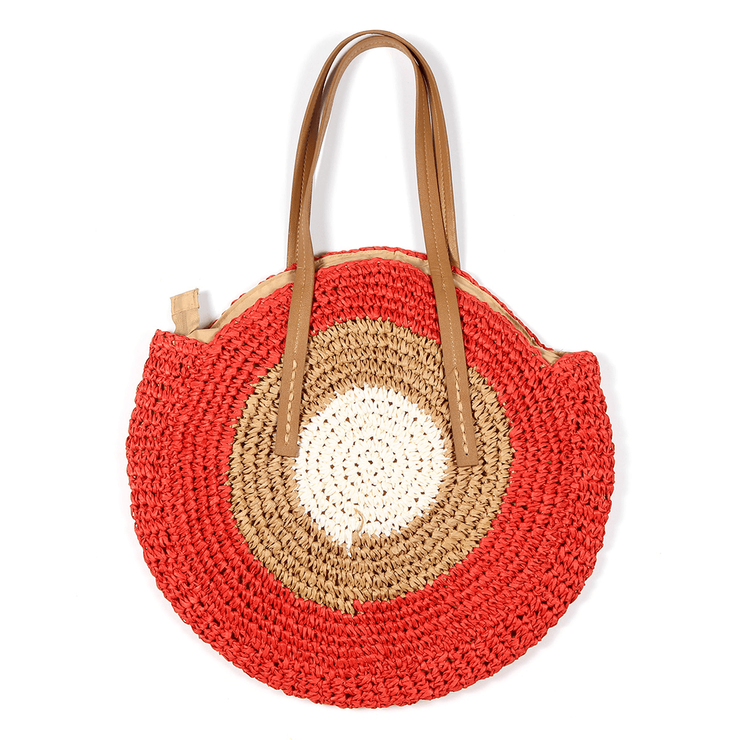 Women Beach round Straw Bag Bucket Rattan Woven Handbag Shoulder Bag Outdoor Travel - MRSLM