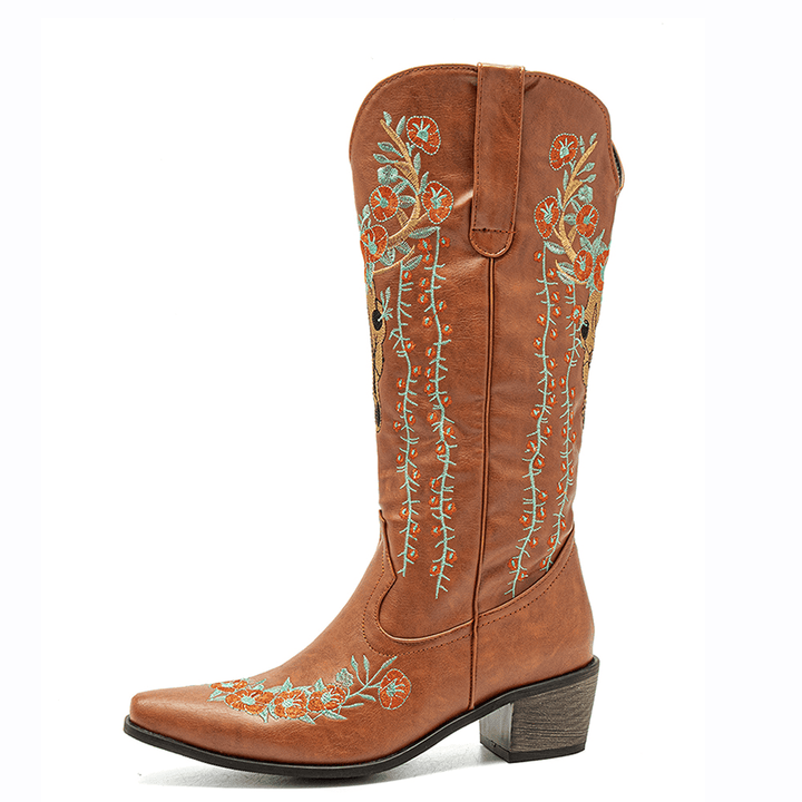 Women Retro Floral Animal Embroidery Leather Pointy-Toe V-Cut Chunky Heel Mid-Calf Knight Boots - MRSLM