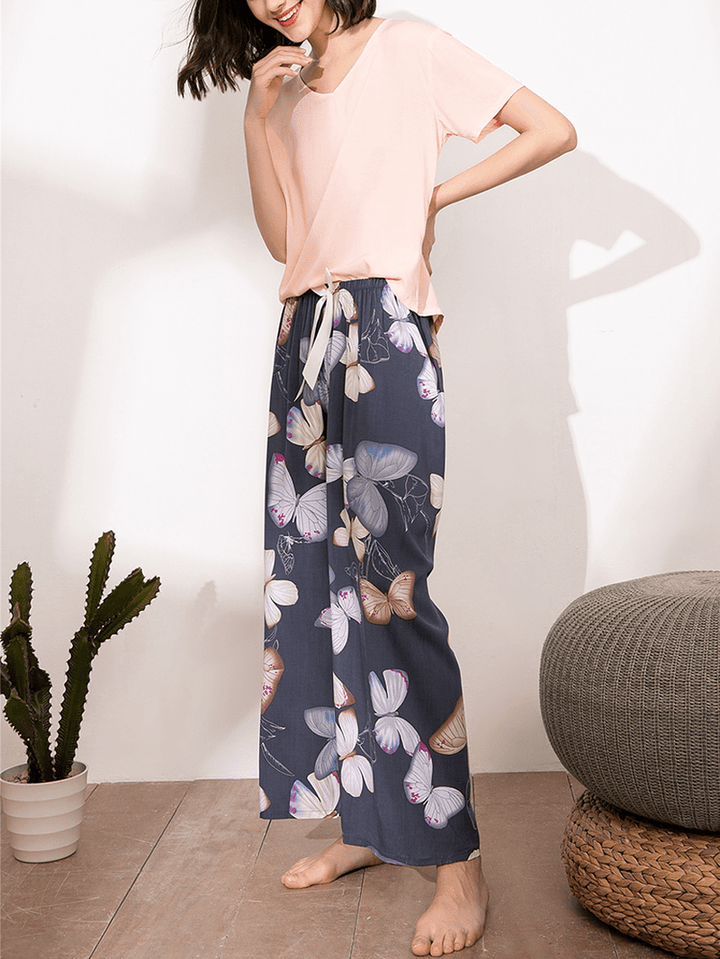 Women Short Sleeve Tops Tropical Floral Print Wide Leg Pants Soft Pajama Set - MRSLM