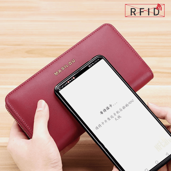 Women Long Large Capacity Genuine Leather Wallet Simple RFID Anti-Theft 6.5 Inch Clutch Wallet Multi-Card Slots Card Holder Purse - MRSLM