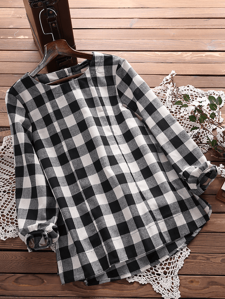 Casual Loose Plaid Long Sleeve Women Blouse - MRSLM