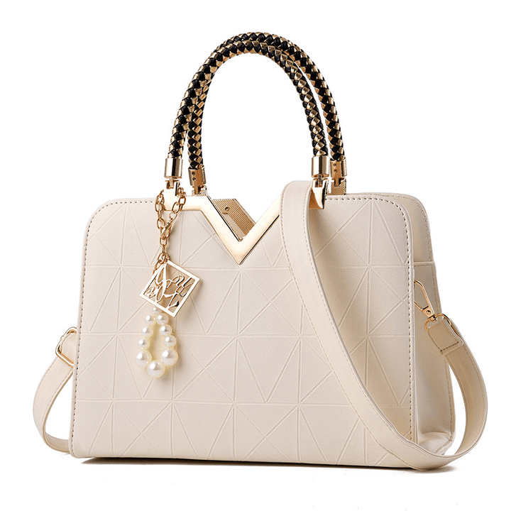 Elegant Women Golden Top Handle Satchel Handbag Tote Purse Shoulder Bag with Bead Pendant - MRSLM