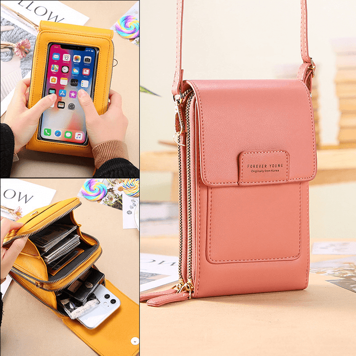 Women Multi-Slots Flap Magnetic Button Stitch Detail Crossbody Bag Multi-Pockets Touch Screen on the Back 7 Inch Phone Bag - MRSLM