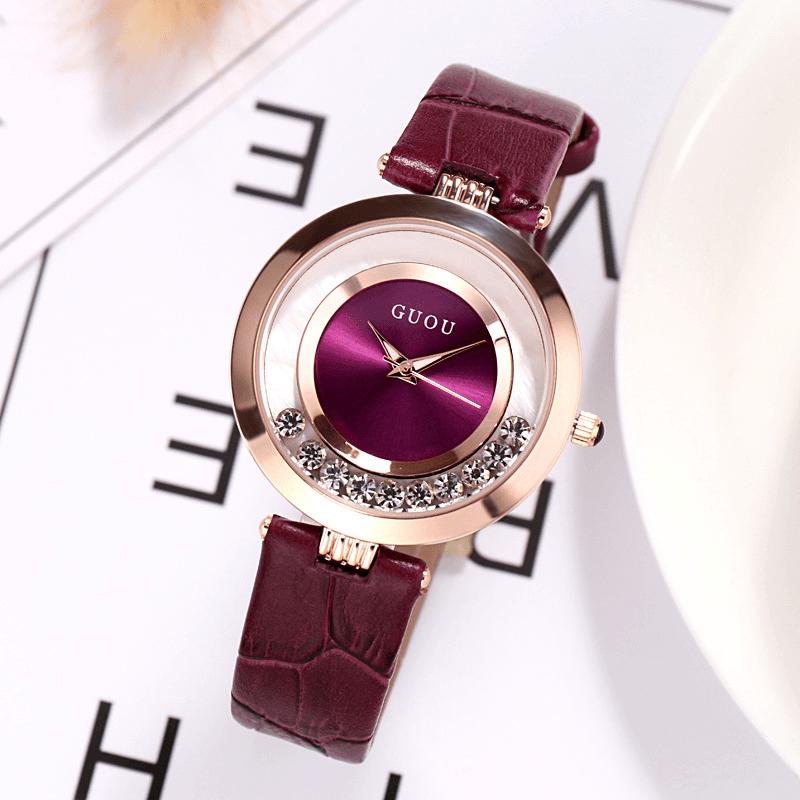 GUOU 8039 Fashion Women Watch Light Luxury Full Steel Glitter Diamond Leather Strap Female Quartz Watch - MRSLM