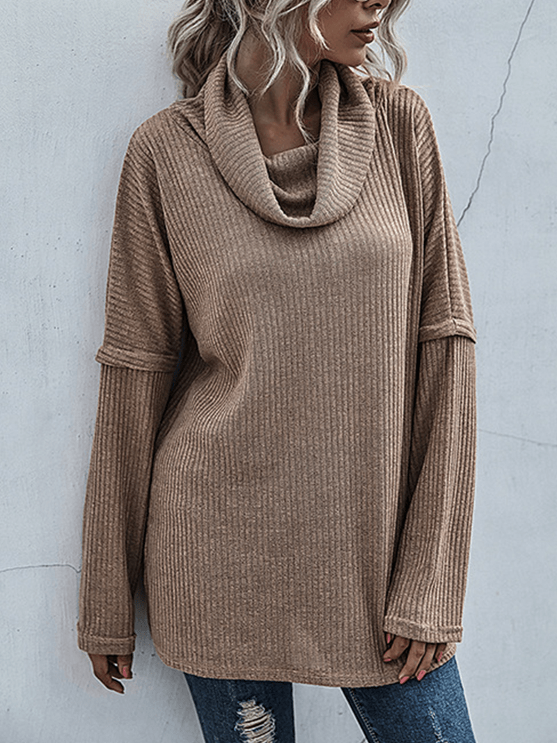 Women Solid Color Rib Knit Turtleneck Warm Long Sleeve Sweaters - MRSLM