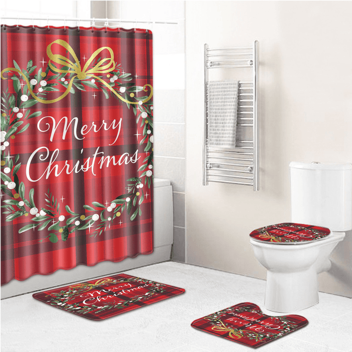 Bathroom Shower Curtain Pedestal Rug Lid Toilet Cover Christmas Bath Mat Decor - MRSLM