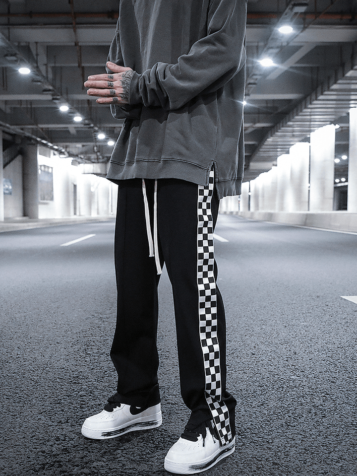 Checkerboard Side Split Straight Leg Sweatpants Hip-Hop Drop Feeling Stacked Drawstring Casual Pants Men - MRSLM