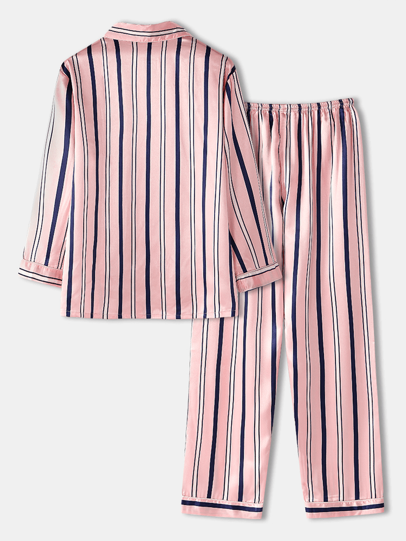 Women Classic Striped Camp Collar Long Sleeve Elastic Faux Silk Waist Home Cozy Pajama Set - MRSLM