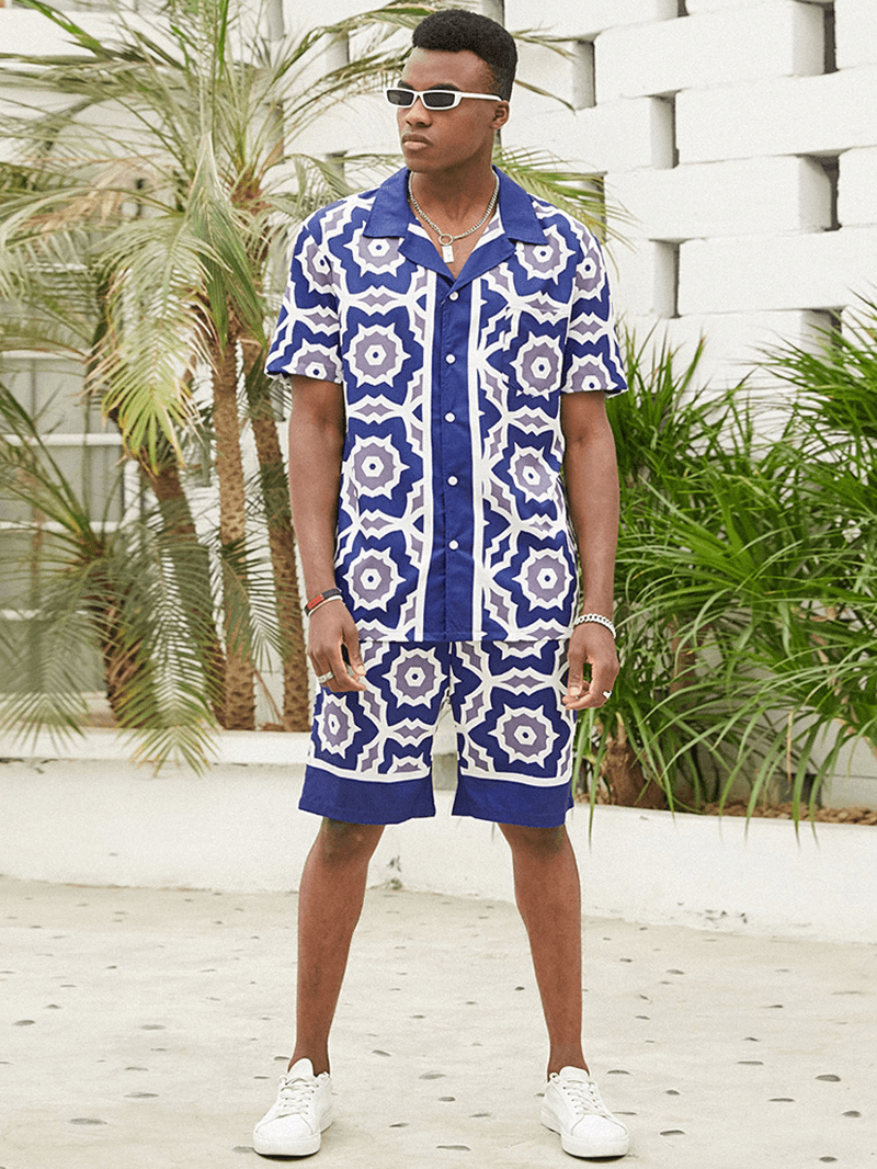 Mens Blue Baroque Print Revere Collar Short Sleeve Shirt & Shorts Co-Ords Two Piece Outfits - MRSLM