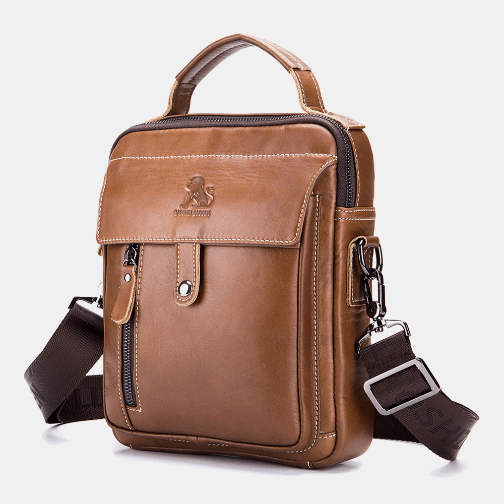 Men Genuine Leather Multi-Pocket Waterproof Vintage Handbag Crossbody Bag Shoulder Bag - MRSLM