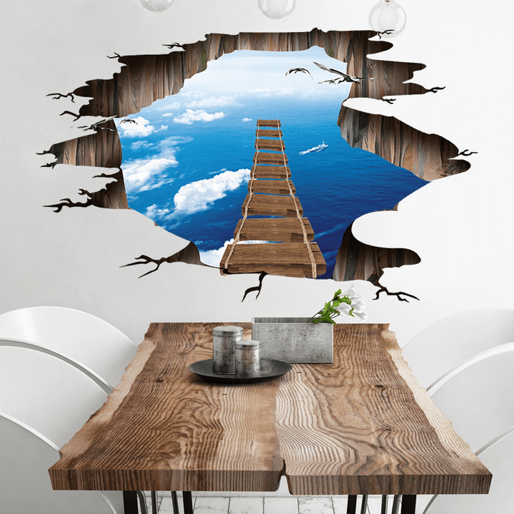 Miico Creative 3D Sky Suspension Bridge Broken Wall Removable Home Room Decorative Wall Door Decor Sticker - MRSLM