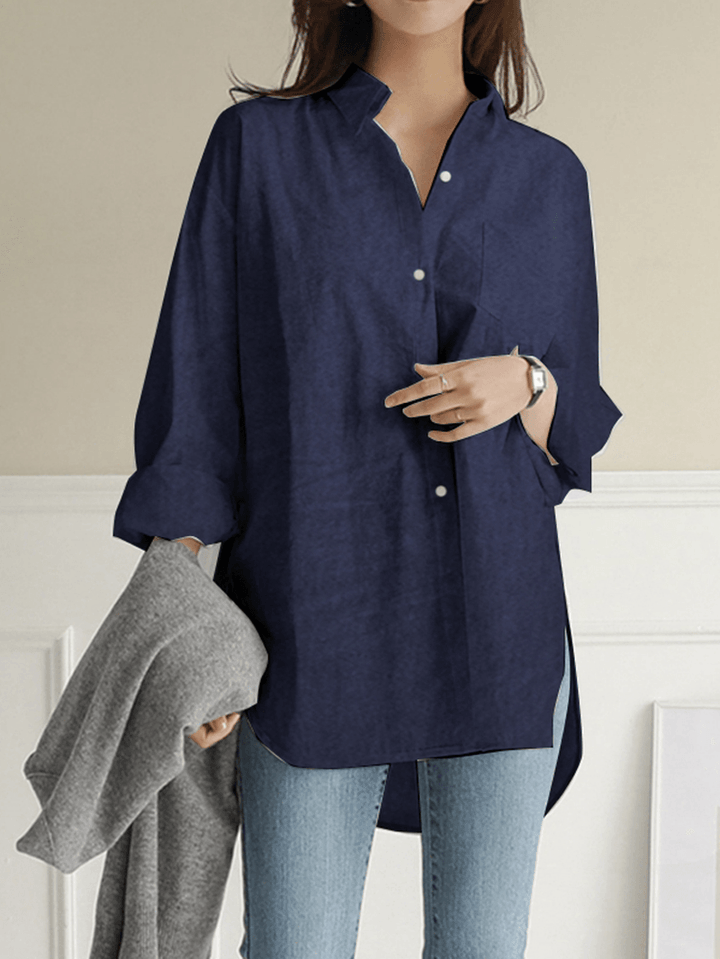 Women Solid Color Turn-Down Collar Blouse Irregular Hem Chest Pocket Splited Denim Shirts - MRSLM