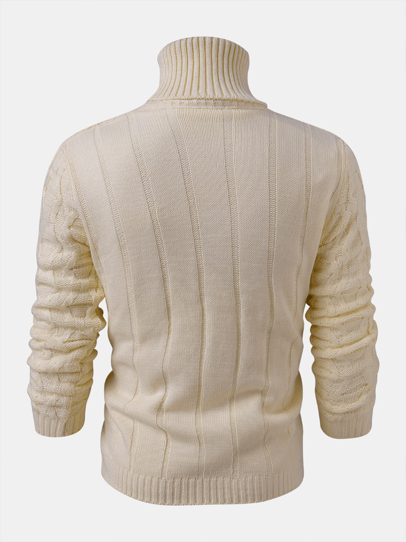 Mens Solid Color Twisted Cable Knit High Neck Slim Fit Casual Sweater - MRSLM