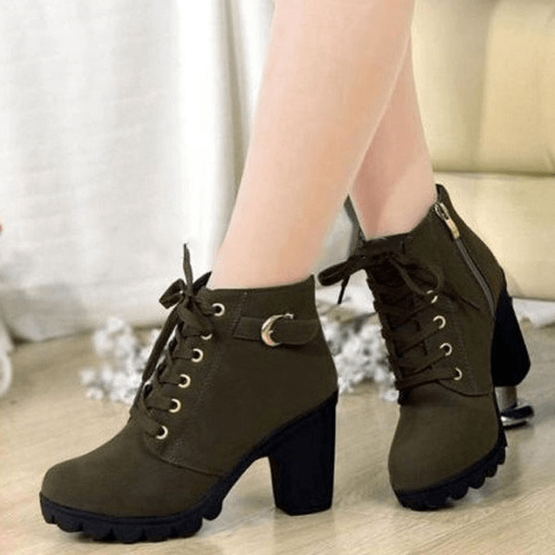 Women Girl High Top Heel Ankle Boots Winter Pumps Lace up Buckle Suede Shoes - MRSLM