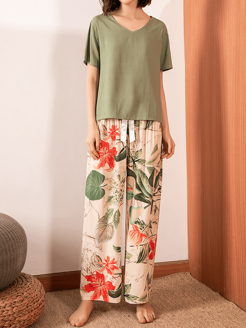 Women V-Neck Tops Tropical Plant Print Wide Leg Pants Casual Pajama Set - MRSLM