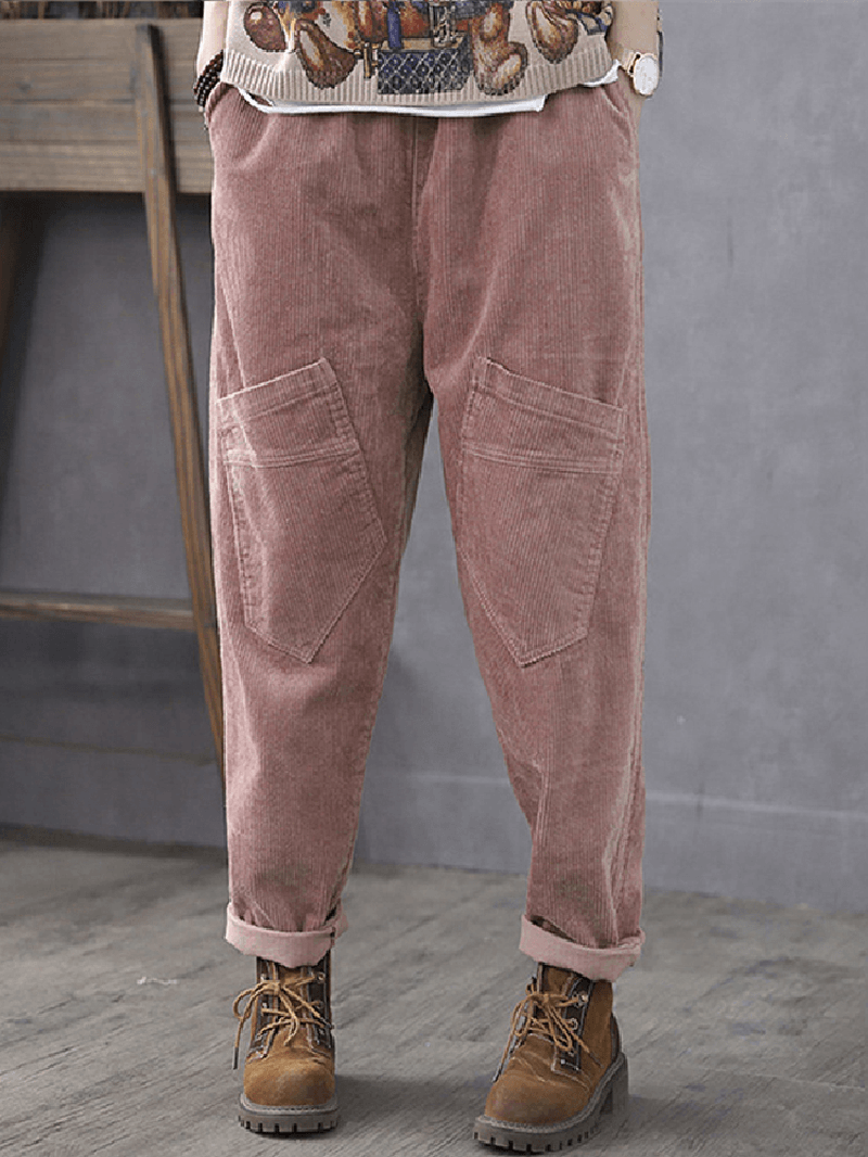 Women Corduroy Cargo Style Elastic Waist Pants with Multi Pocket - MRSLM