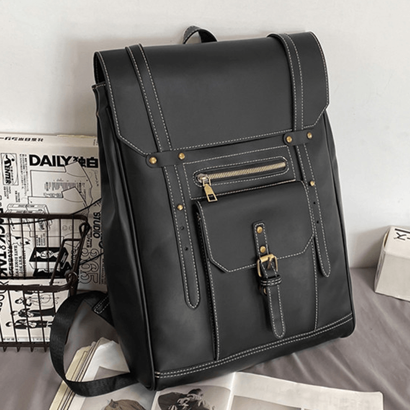 Men Retro PU Soft Leather Large Capacity Backpack Waterproof Breathable Front Pocket Design Shoulder Bag - MRSLM