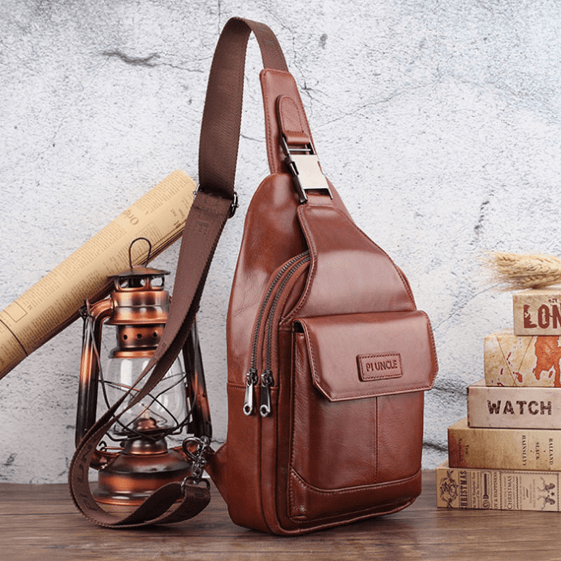 Men Genuine Leather New Vinatge Large Capacity Chest Bag Shoulder Bag Crossbody Bag - MRSLM